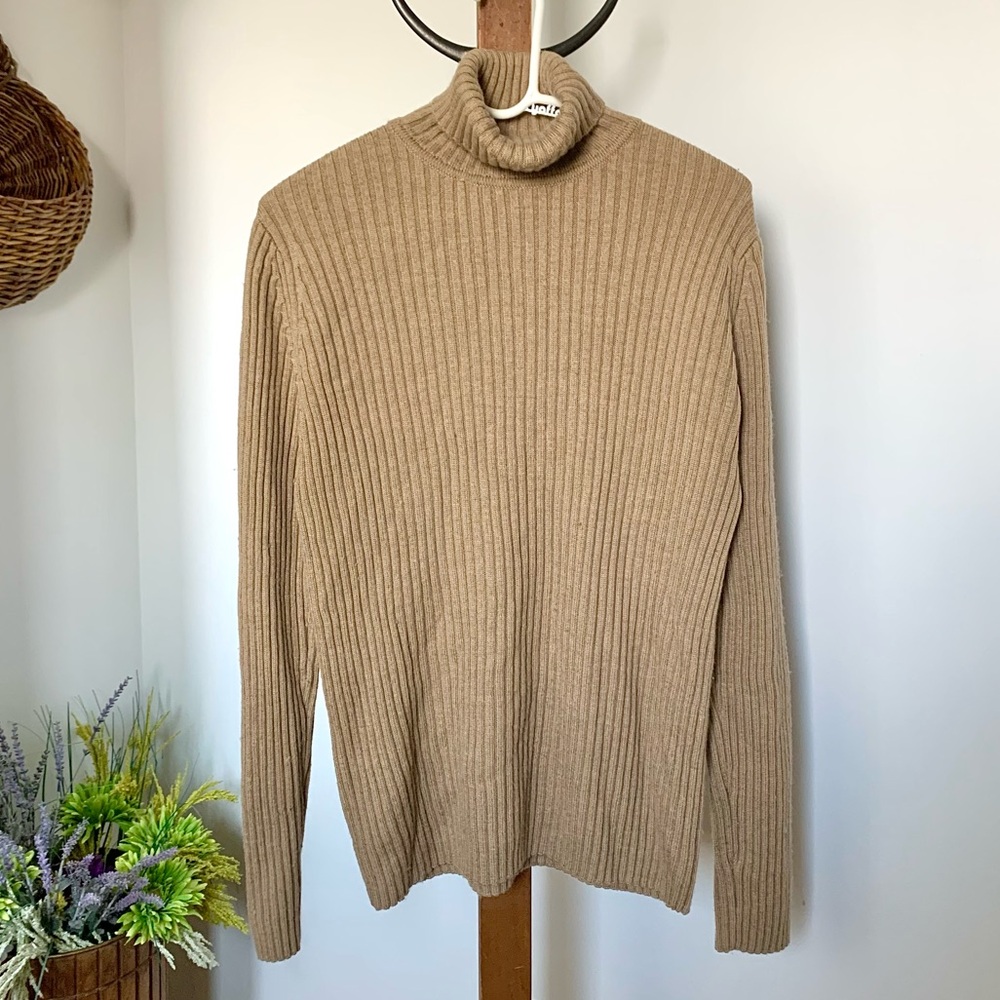 LL Bean 100% Merino Wool Ribbed Turtleneck Sweater in beige tan LG - Picture 7 of 13